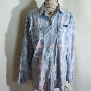 Columbia Men's PFG Super Bonehead Light Blue Plaid Long Sleeve Shirt Size Large